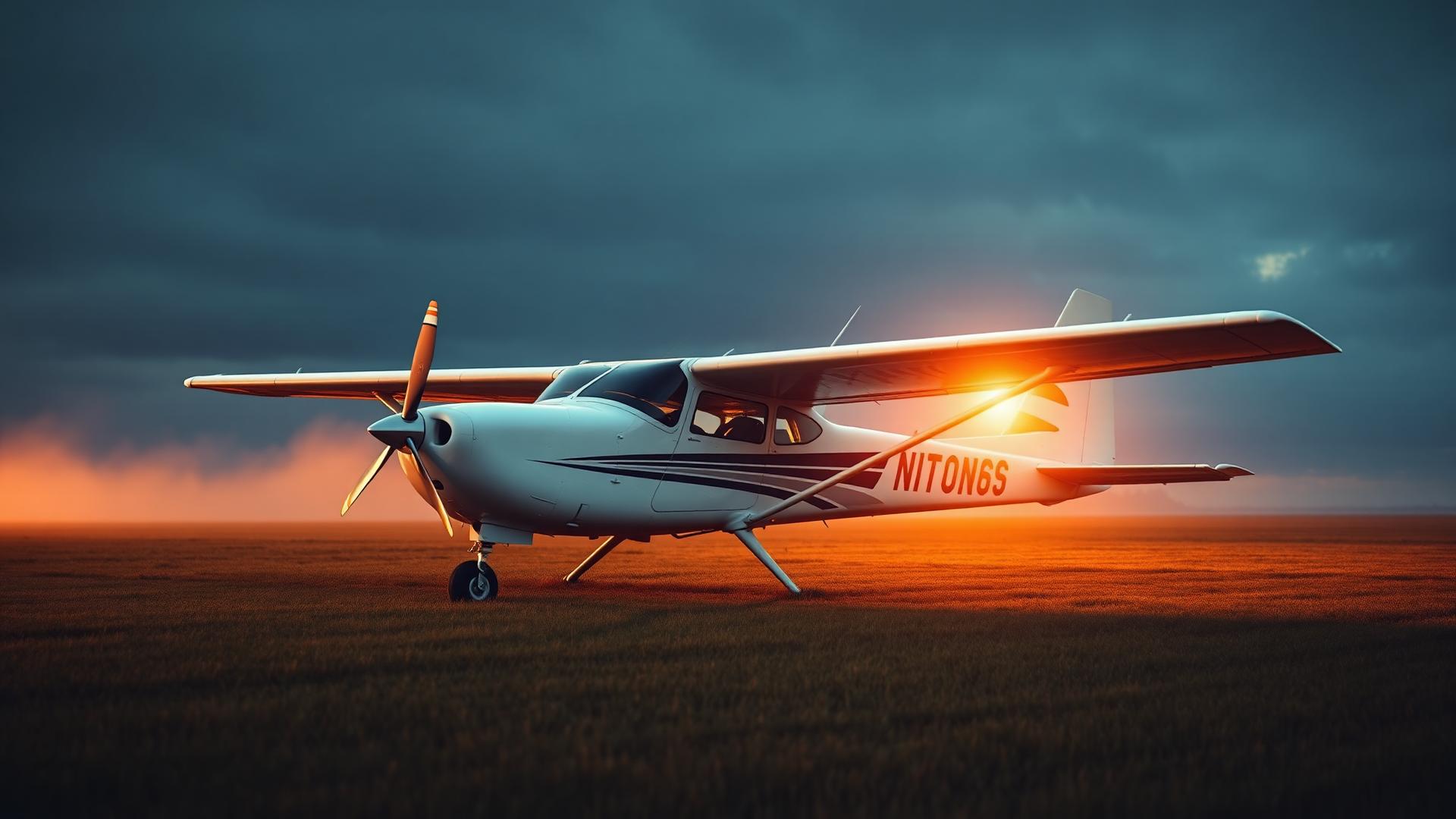 Einmotoriges Flugzeug bei Sonnenaufgang